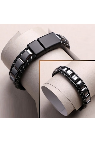 Hg.Aksesuar Erkek Hematit Örmeli Deri Bileklik 7121 Gümüş