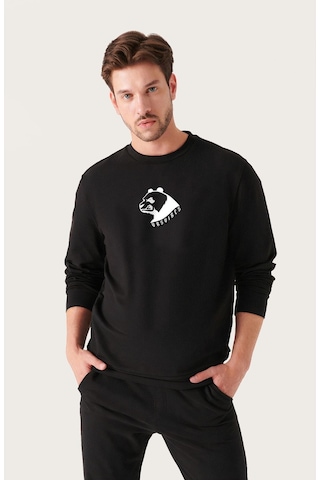 Unisex Oversize Minimal Bear Baskılı Bisiklet Yaka Siyah Sweatshirt Siyah