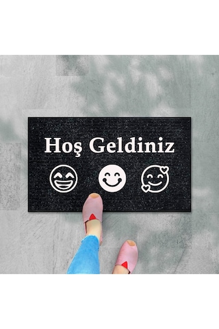 Balkon Ve Iç Dış Kapı Yıkanabilir Nem Alıcı Toz Alıcı Halı Kapı Önü Paspası Türkçe Hoş Geldiniz Siyah