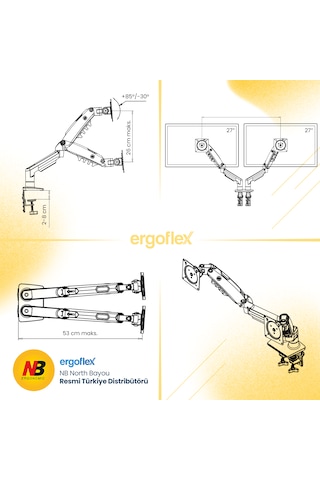 Nb Ergonomic Nb F160 17-27inch Cift Kol 2-9 Kg Amortisorlu Monitor Standı Beyaz