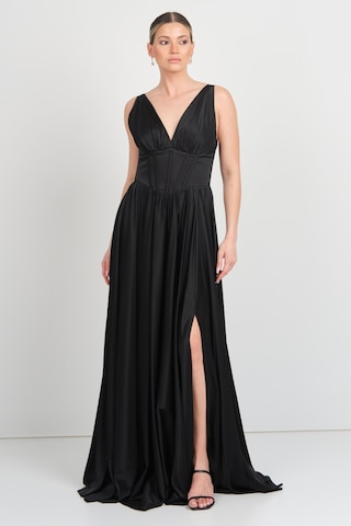 Doridorca Kadın Derin V Yaka Sırttan Bağlamalı Maxi Abiye Elbise 7091 Siyah Siyah
