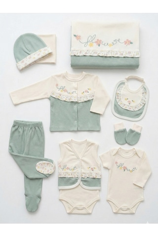 Nakışlı %100 Pamuk Unisex Bebek Hastane Çıkışı 10 Lu Set 0 1 Yaş Mavi