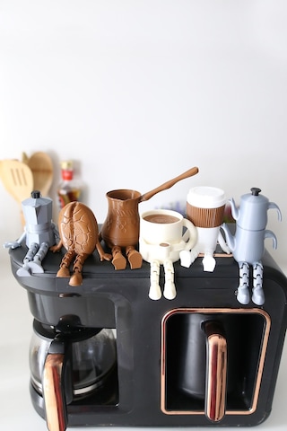 3dprototürk 6'lı Ayaklı Kahve Seti Moka Pot Kahve Tanesi Çaydanlık Cezve Kahve Bardağı Bardak