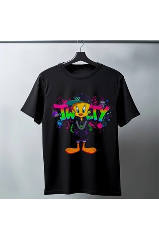 Freedom Store Tweety Graffiti Baskılı Unisex Siyah Oversize Tişört - 24/1 Penye