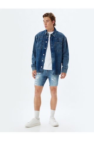 Koton Slim Fit Kot Şort Bermuda Cepli Yıpratma Detaylı Pamuklu Açık İndigo 4sam40056ıd Açık İndigo