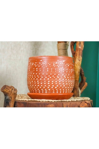 Bitki Tasarımı Ev Dekorasyon  Beyaz Nokta Desenli Doğal Tabaklı Terracota Toprak Saksı Saksılık Salon Çiçeklik 19 CM