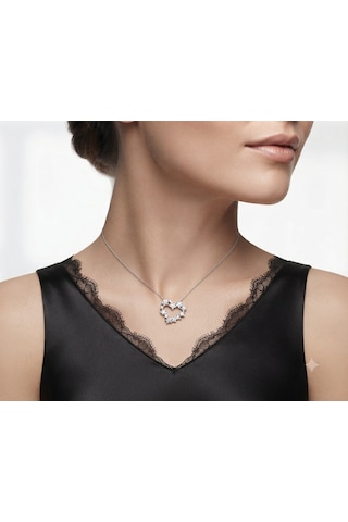 Kadın Çiçeklerden Kalp Model Gümüş Kolye Silver