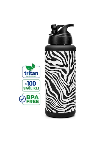 Büyük Su Matarası Tritan Pipetli Su Şişesi Zebra Spor Matarası Suluğu Bpasız 1000 Ml Siyah 0112 Beyaz
