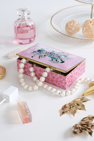 Premium Zebra Desenli Pembe Dekoratif Organizer Kutu Takı, Makyaj, Dikiş Ve Aksesuar Saklama Kutusu 160x102x50 Mm