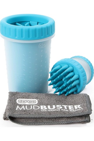 Dexas Mudbuster Taşınabilir Evcil Hayvan Temizleme Kiti, Köpek Pençesi Yıkayıcı, Evcil Hayvan Banyo Fırçası, Mikrofiber Havlu, Orta, Mavi