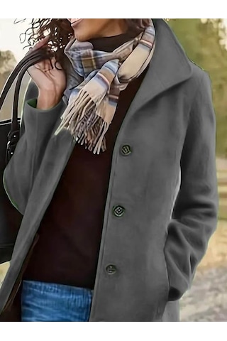Kadın Uzun Kollu Dik Yakalı Önden Düğmeli Kısa Kaşe Kaban Gri