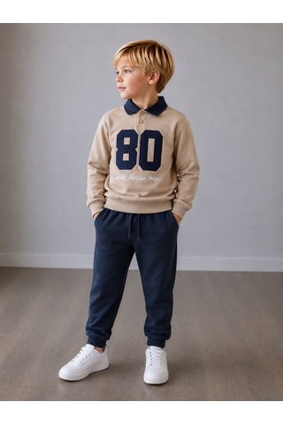 Polo Yaka Nakışlı Erkek Çocuk Taba/lacivert Sweatshirt & Eşofman Alt Üst Takım Kolej Stili Ve Şıkl