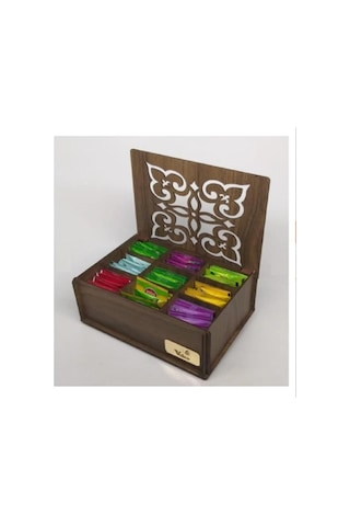 Ahşap Çay Kutusu Gediz 9 Bölmeli Kapaklı Poşet Bitki Çayı Saklama Kabı Tea Box 72 Çay Dahil