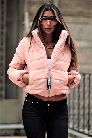 Kadın Pudra Dik Yaka Su Geçirmez Kısa Şişme Mont