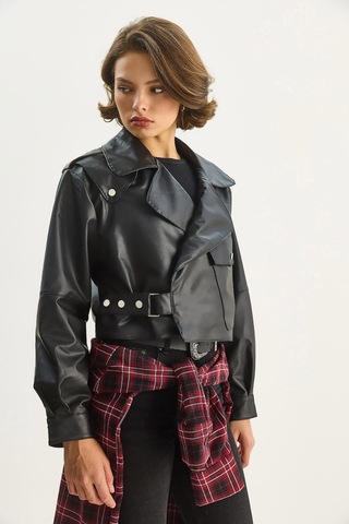 Shade Kadın Geniş Cep Detaylı Kemerli Oversize Crop Deri Ceket 3129 60284102 - Siyah