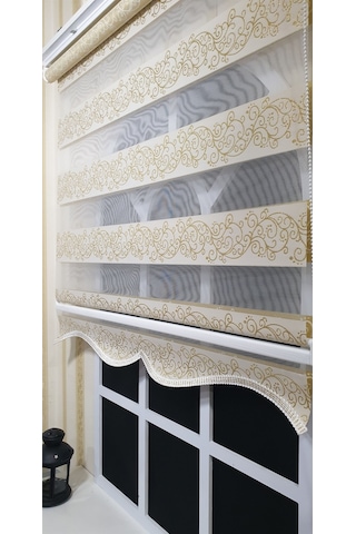 Zebra Stor Perde Sarı Sarmaşık Desen Altın Simli Etek Dilimli Stb9300 V 02