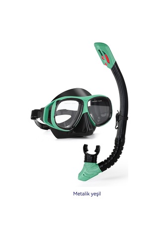Profesyonel Şnorkel İki Parçalı Silikon Tam Kuru Şnorkel Büyük Çerçeve Sis Geçirmez Dalış Gözlüğü Seti Yeşil