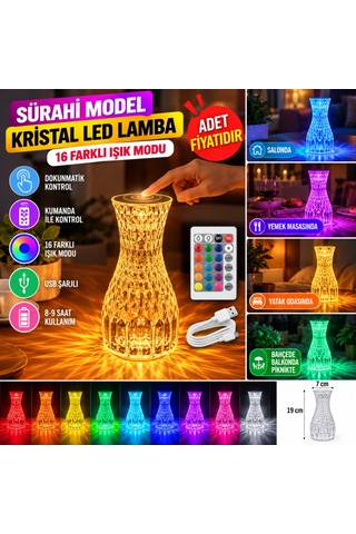 Sürahi Model Usb Şarjlı Kumandalı 16 Farklı Işık Modlu Masa Üstü Kristal Akrilik Lamba Led Adet Fiyatıdır Diğer