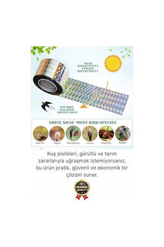 Premium Dayanıklı Yansıtıcı Kuş Kondurmaz Uzaklaştırıcı Hologramlı Kuşsavar Şerit Bant 45 Mm X 50 Mt