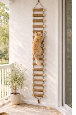 Ahşap Kedi Tırmanma Merdiveni Ve Duvar Köprüsü - Jüt İpli, 17 Basamak, 200 Cm