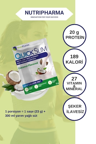Nutripharma Quick Slim Whey Proteinli Öğün Tozu - Hindistan Cevizi Aromalı 30 Saşe + Shaker Hindistan Cevizi