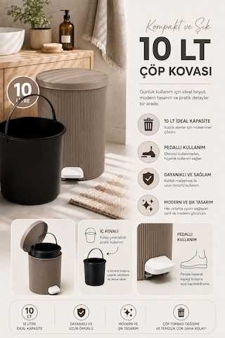 Porsima 0706-2 Still Mokka 10 Litre Pedallı İç Kovalı Yuvarlak Banyo & Mutfak Çöp Kovası Yok