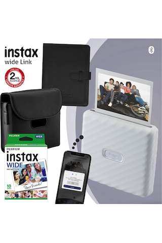 Fujifilm Instax Wide Link Gri Akıllı Telefon Yazıcısı + 10'lu Film + Deri Çanta + Albüm 2 Beyaz