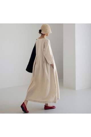 İlkbahar Ve Yaz Kadın Elbise Gevşek Büyük Boy Pamuk Keten Yuvarlak Boyun Kazak Düz Renk Uzun Elbise Askı Elbise Bej