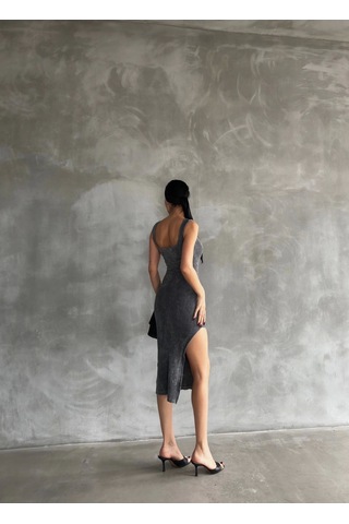 Kaşkorse Aşit Yıkamalı Yırtmaçlı Elbise Antrasit