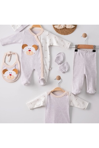 3 Ay Ayıcık Detay Tulumlu Erkek Bebek 5'li Set Kahverengi