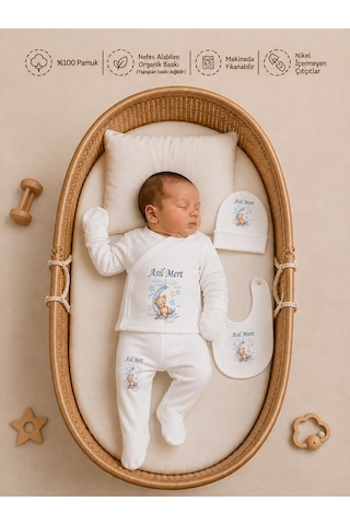 Pia Baby Erkek Bebek 5'li Zıbın Seti %100 Pamuk İsimli Kişiye Özel Organik Baskılı 1020zyx Krem