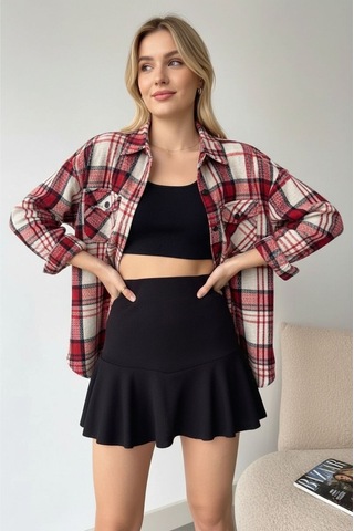 Mamayaga Kadın Desen Bloklu Oduncu Oversize Bol Ve Geniş Kalıp Casual Cepli Yakalı Ceket Gömlek Kırmızı