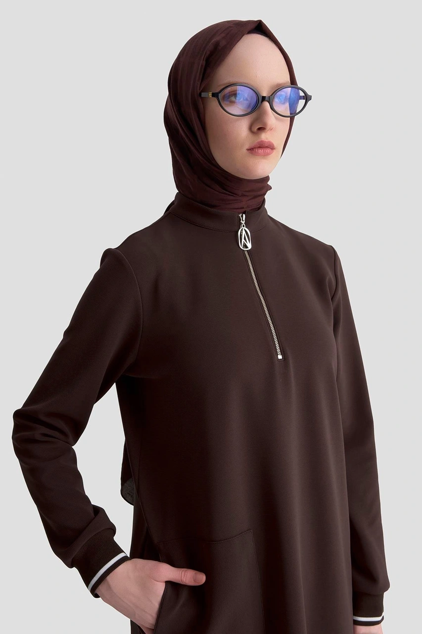 Armine Trend Kolları Ribanalı Yarım Fermuarlı Tunik Kahverengi 25kt443 Kahverengi