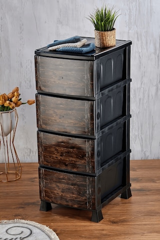 4 Katlı Çekmeceli Baskılı Ahşap Desenli Kapaklı Plastik Komidin - Sebzelik - Çekmece Siyah