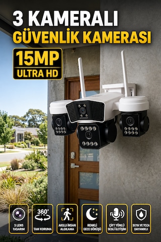 ARM-95W 3 Kameralı Güvenlik Kamerası 15MP Ultra Hd Ptz Hareketli Akıllı Ip Kamera  V380 Pro Gece Görüşlü Sesli Dış Mekan