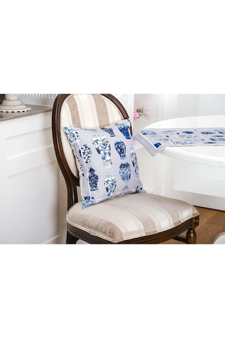 Vista Baskılı Kumaş Kreme Mavi Runner Kırlent Seti 3 Parça 45x45 Cm 1372 Mavi