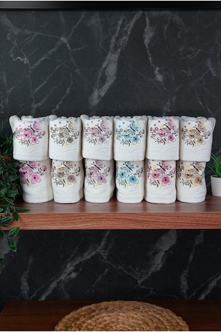 %100 Pamuklu 3d Kelebek İşlemeli 12 Li Analı Kızlı Çeyizlik Havlu Seti 50x90 Cm - 00030 Beyaz