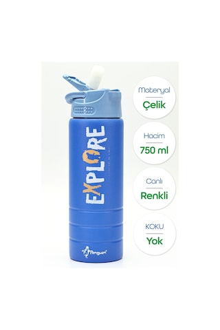 Paslanmaz 304 Çelik Matara Pipetli Motivasyon Matarası Suluğu 304 Çelik Suluk Mavi 750 Ml 1156 Mavi
