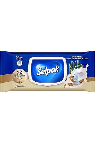 Selpak Organik Bambu Özlü & Badem Sütü Özlü Islak Mendil 50'li Tekli