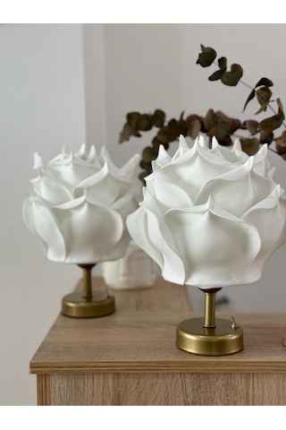 2'li Dekor Yapay Eva Gül Kablosuz Masa Lambası Üst Beyaz-alt Eskitme Gold 9v Kare Pil 2 Adet