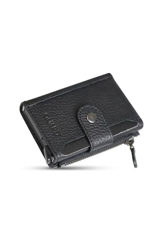 Guard Leather Mekanizmalı Hakiki Deri Kartlık Cüzdan Patlı, Fermuarlı Bozuk Para Bölmeli, 10 Kart Kapasiteli, Siyah Çok Renkli