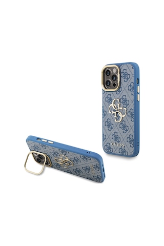 Apple iPhone 13 Pro Max Uyumlu Kılıf Guess Lisanslı Metal 4g Ve Yazı Logolu Kamera Standlı Kapak Mavi