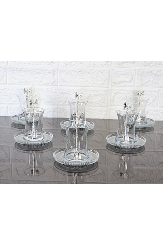 18 Parça Çay Seti Gümüş Kelebek Çay Kaşıklı 6 Bardak 6 Tabak 6 Kaşık Gümüş