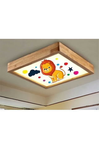 Ahşap Çerçeve Tavan Led Aydınlatma Avize 60X60Cm Aslan Beyaz