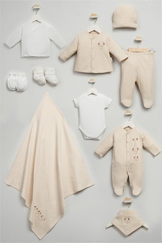 Bebitof %100 Pamuk Sevimli Köpekcikler Desenli 10 Parça Kutulu Yenidoğan Hastane Çıkışı Zıbın Seti Bbtf.bj.10116 Bej