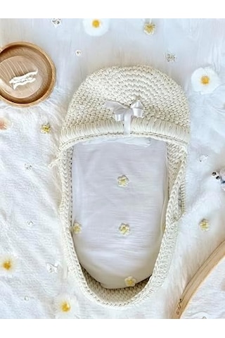 Papatya İşlemeli Doğal Dokusu Pamuk Müslin Bebek Battaniyesi 75x75 Cm Beyaz 36 Derece Üstü