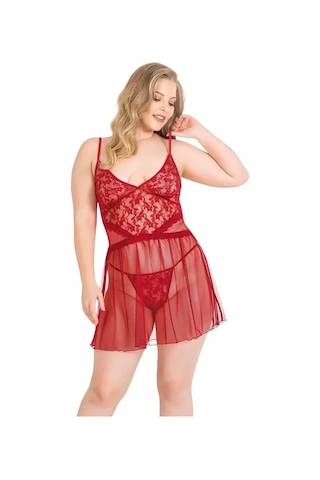 Ang Butik Kadın Büyük Beden Kırmızı Kısa Tül Gecelik