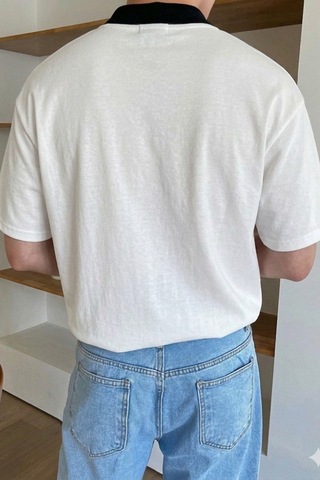 Erkek Kolej Yaka Tişört Kontrast Detaylı Casual Regular Polo Yaka T-shirt Beyaz