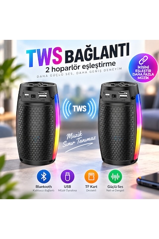 Bluetooth Hoparlör Rgb Led Işıklı Taşınabilir 5w Tws Usb Tf Kart Destekli