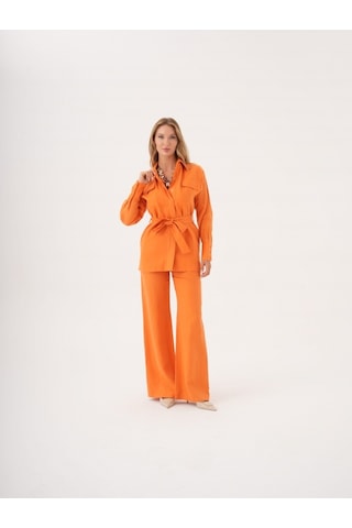 Kuşaklı Düz Form Keten Ceket Orange